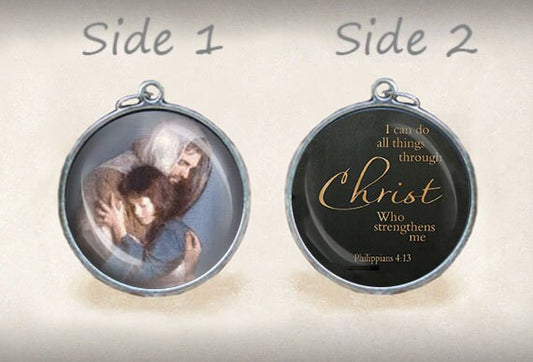 Jesus Strength Bible Quote Philippians 4:13 Catholic Medal. Jesus Christ Hugging Child Religious Christian Pendant.