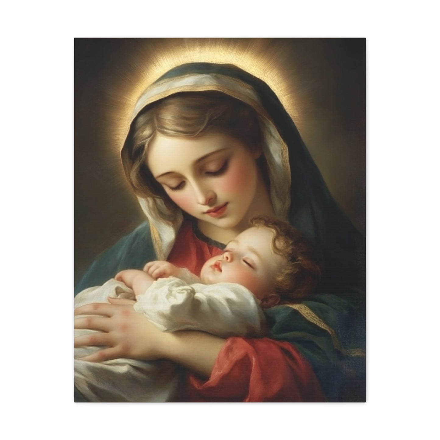 Mary and Sleeping Baby Jesus Catholic Canvas Wall Art, Christian Decor
