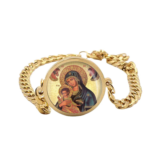 Our Lady Greek Orthodox Virgin Mary Icon Curb Bracelet Gold or Silver tone Religious Jewelry Simple Chain
