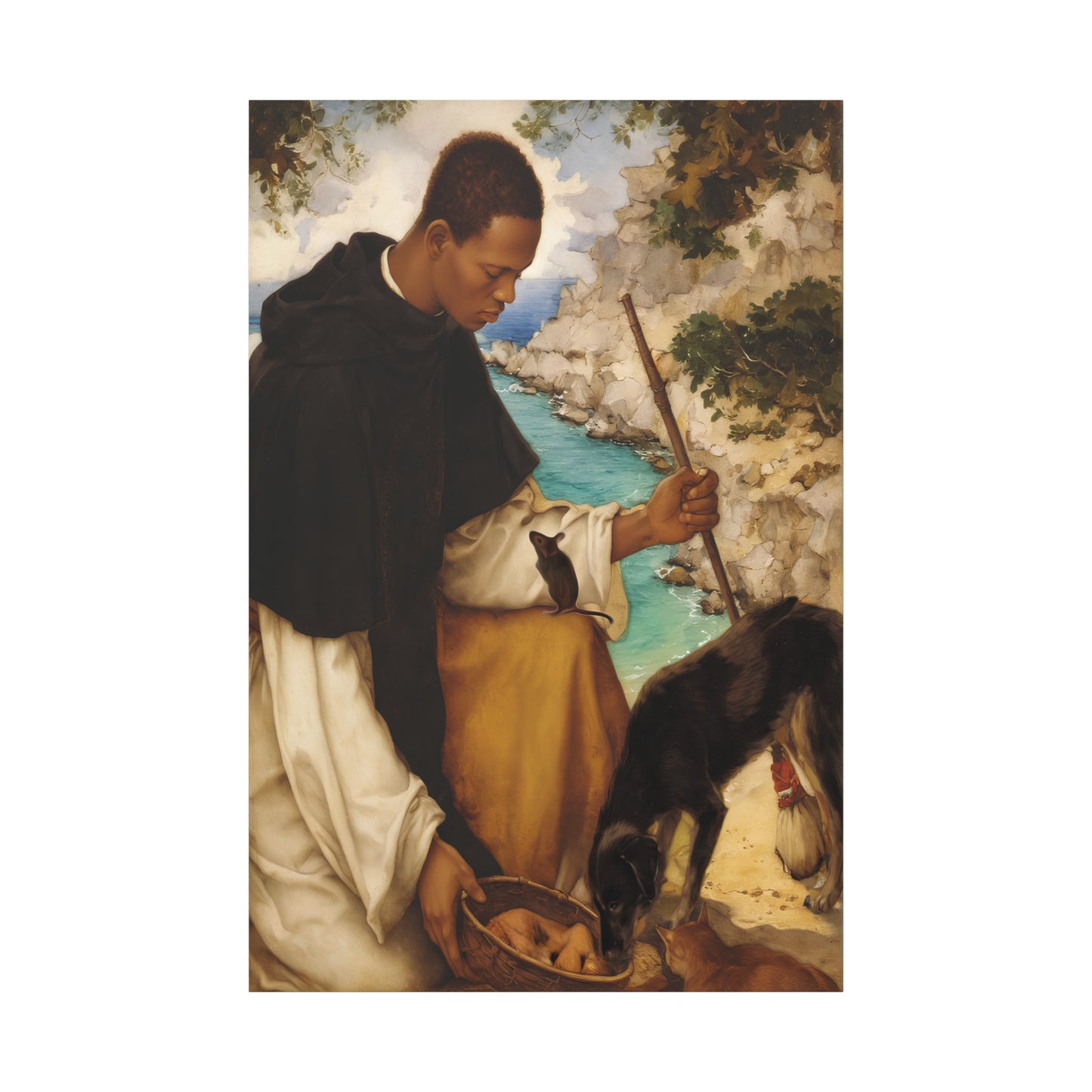 Ready To Hang - St. Martin de Porres with Mouse and Dog Catholic Canvas Wall Art - Christian Decor