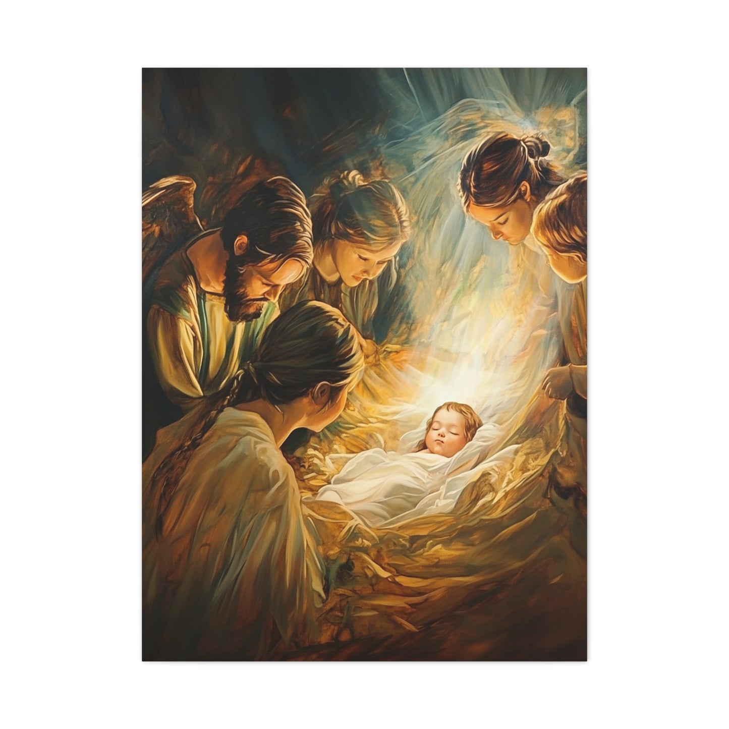Jesus Nativity w Angels Catholic Canvas Wall Art, Christian Decor