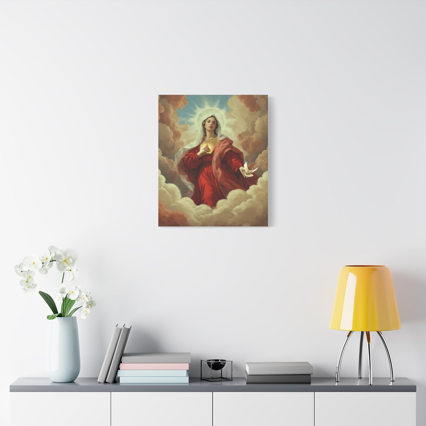 Mother Mary with Dove Heaven Catholic Canvas Wall Art, Christian Decor