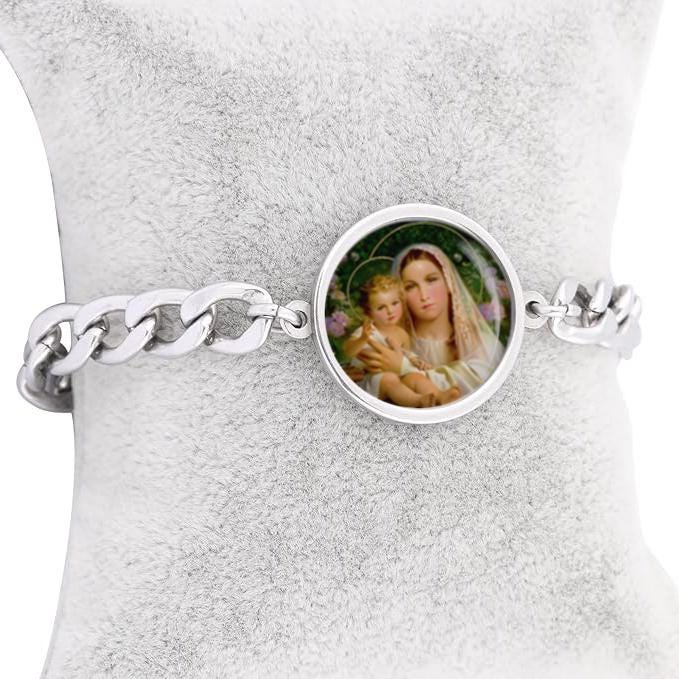Our Lady Mary And Jesus Curb Bracelet Gold or Silver tone Religious Jewelry Simple Chain