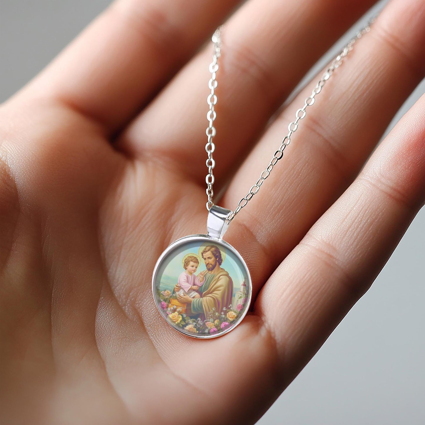 St Joseph w Baby Jesus Necklace Medal Religious Pendant