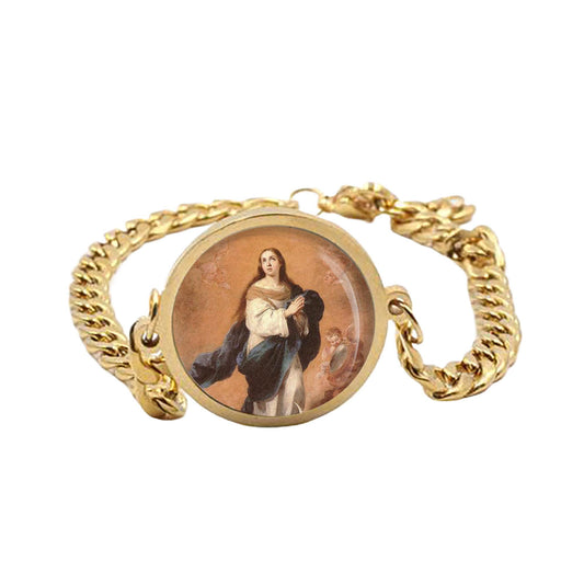 Our Lady Immaculate Conception Curb Bracelet Gold or Silver tone Religious Jewelry Simple Chain