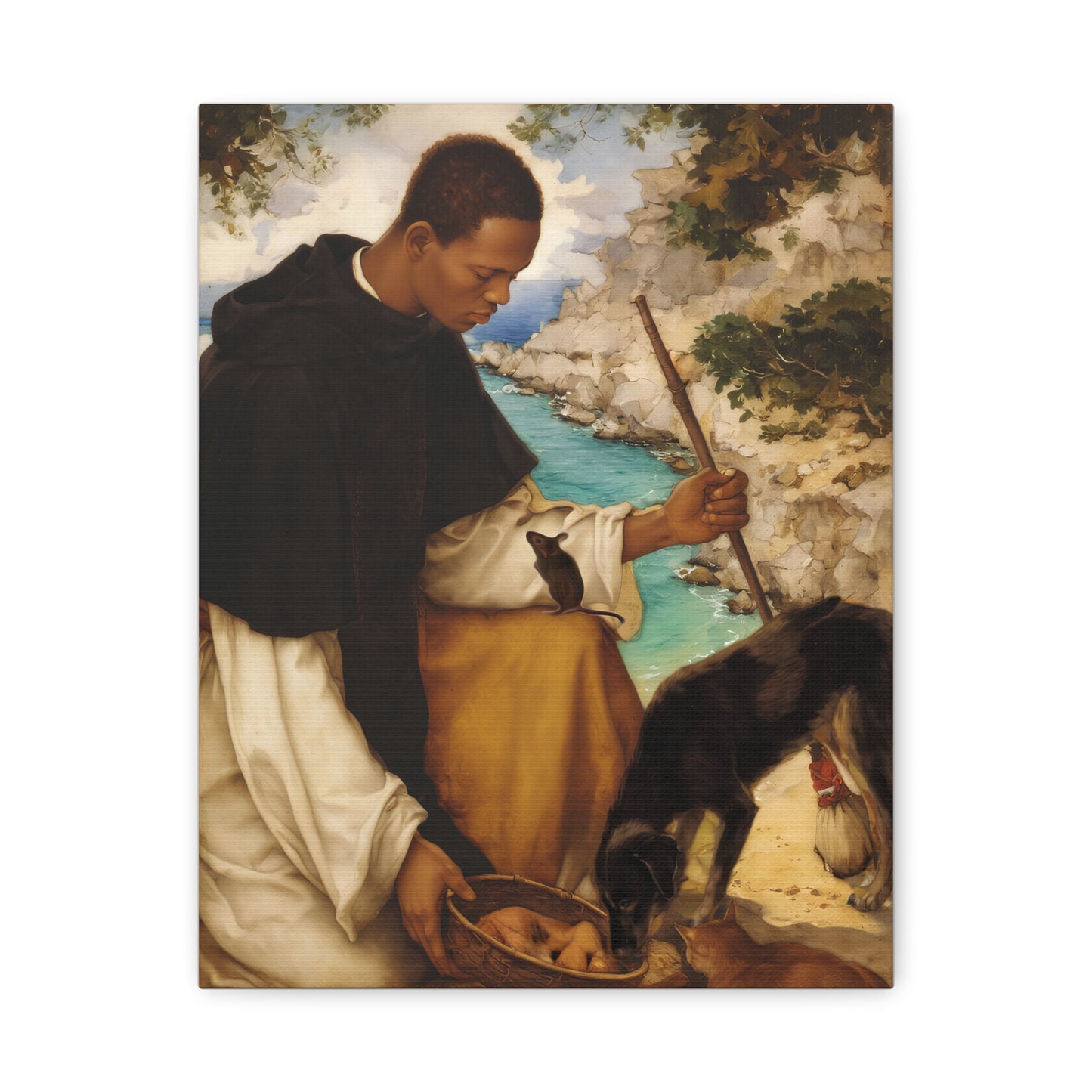 Ready To Hang - St. Martin de Porres with Mouse and Dog Catholic Canvas Wall Art - Christian Decor