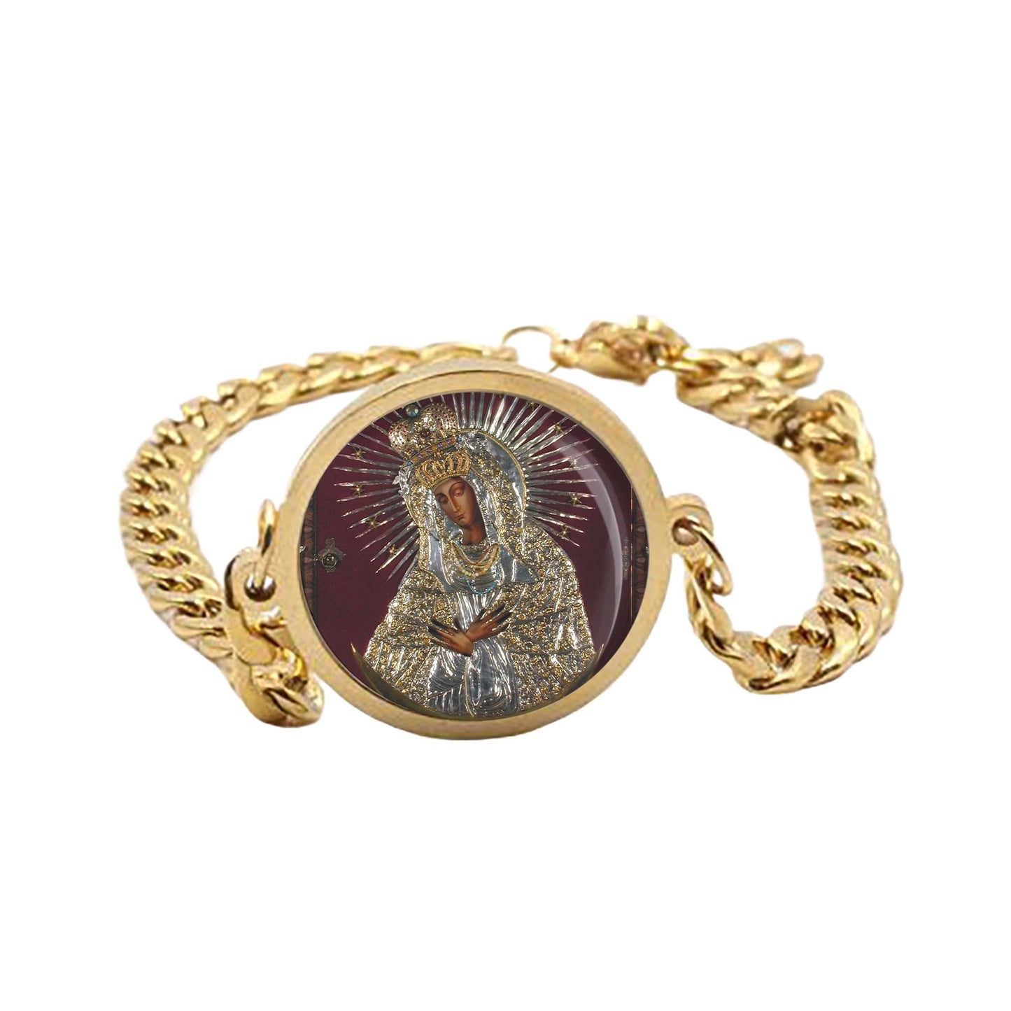Our Lady Black Madonna De Vilnius Curb Bracelet Gold or Silver tone Religious Jewelry Simple Chain