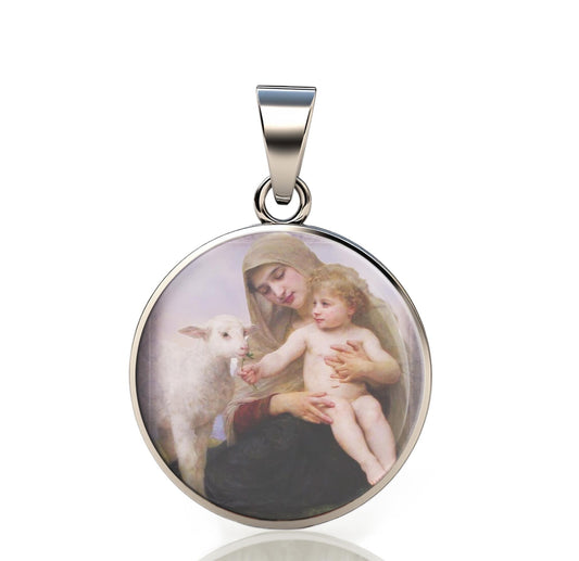 Our Lady Madonna And Child With Lamb 925 Sterling Silver Round Pendant Christian Religious Medal Small 20mm