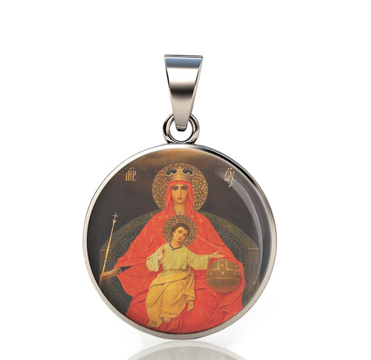 Our Lady Derzhavnaya 925 Sterling Silver Round Pendant Christian Religious Medal Small 20mm