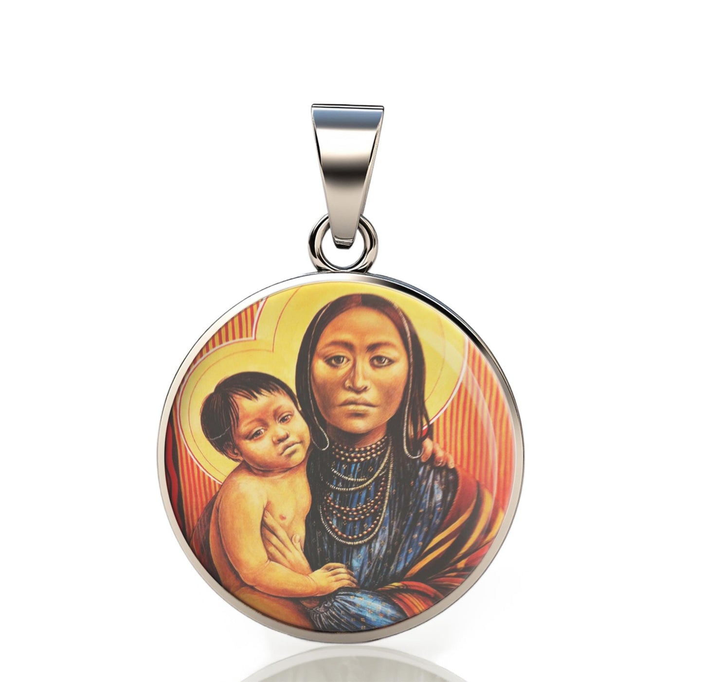 Our Lady Native American Madonna 925 Sterling Silver Round Pendant Christian Religious Medal Small 20mm