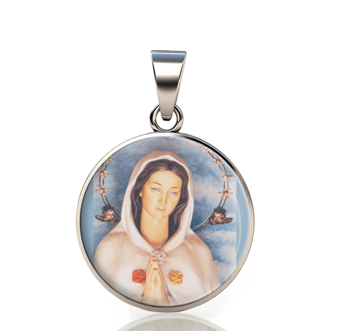 Our Lady Rosa Mystica Catholic Mary 925 Sterling Silver Round Pendant Christian Religious Medal Small 20mm