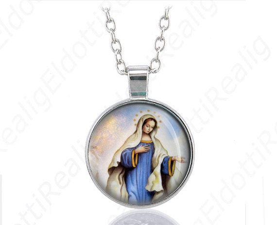 Our Lady of Medjugorje Catholic Necklace Medal Mary Blue Tone Silver Pendant Chain