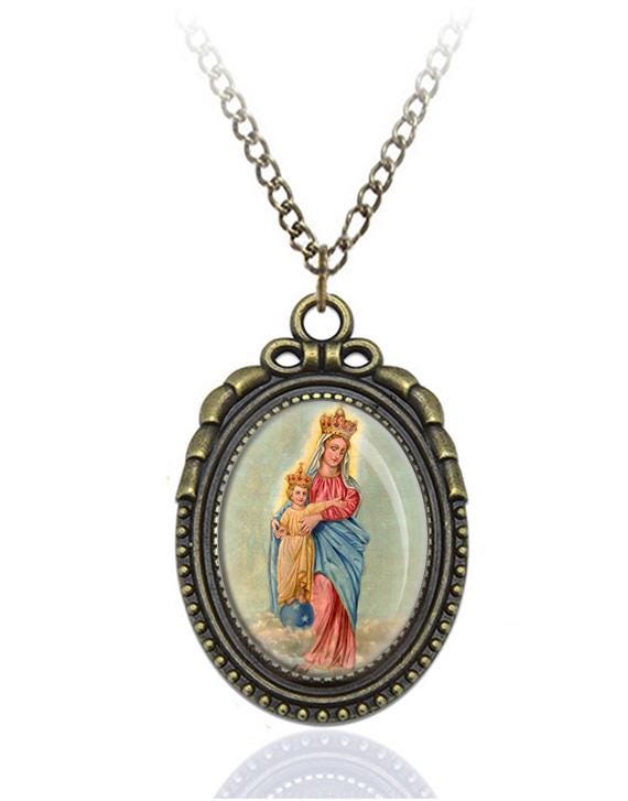 Our Lady of Victory Bronze Necklace Religious Oval Pendant