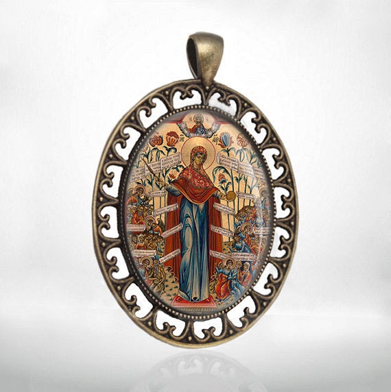 Joy of All Who Sorrow Theotokos Medal Orthodox Bronze Pendant Mary and Jesus Baby Religious Style Jewelry