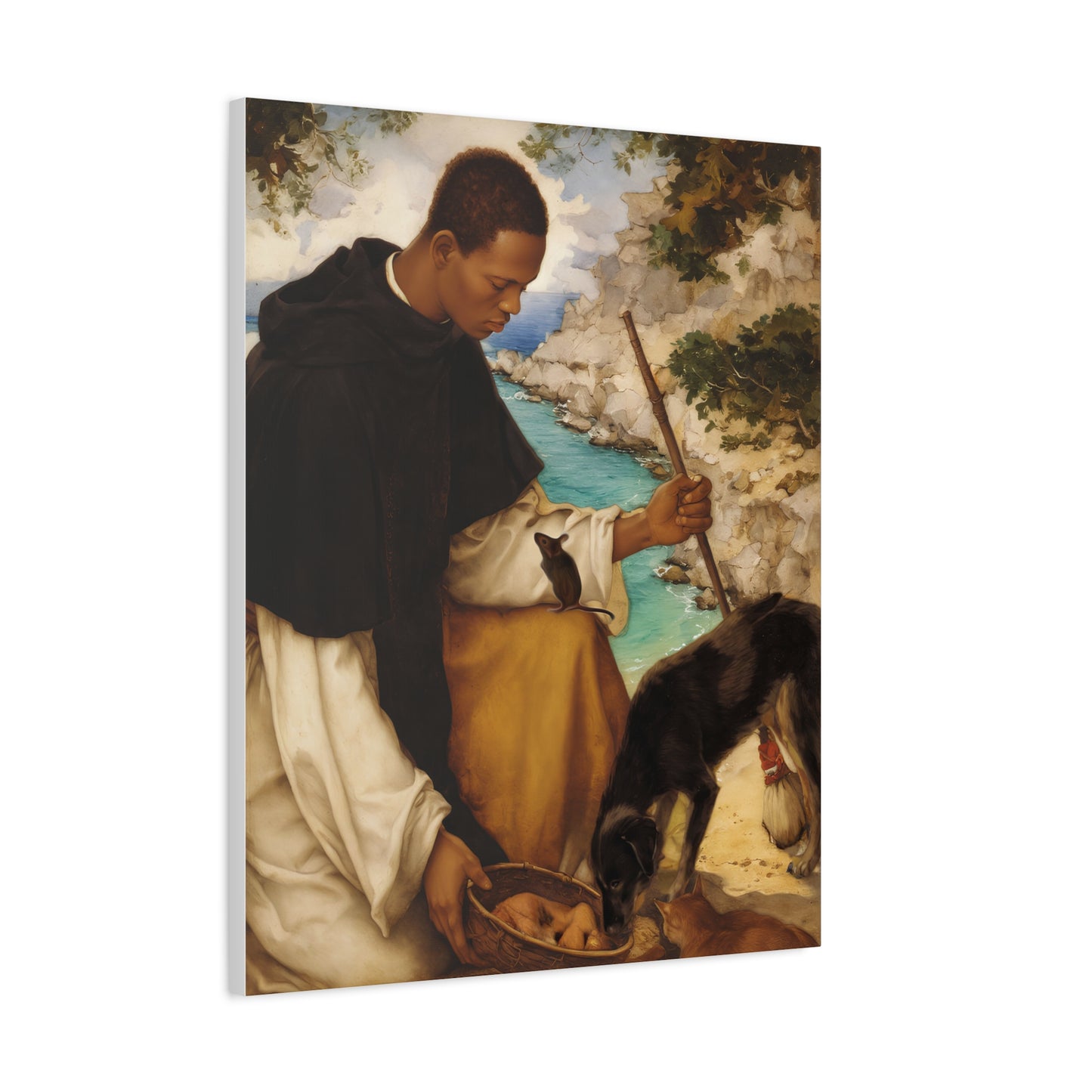 Ready To Hang - St. Martin de Porres with Mouse and Dog Catholic Canvas Wall Art - Christian Decor
