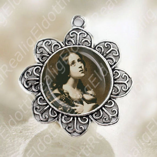 St Mary Magdelene Magdalene Medal Catholic Christian Flower Shaped Silver Tone Jewelry