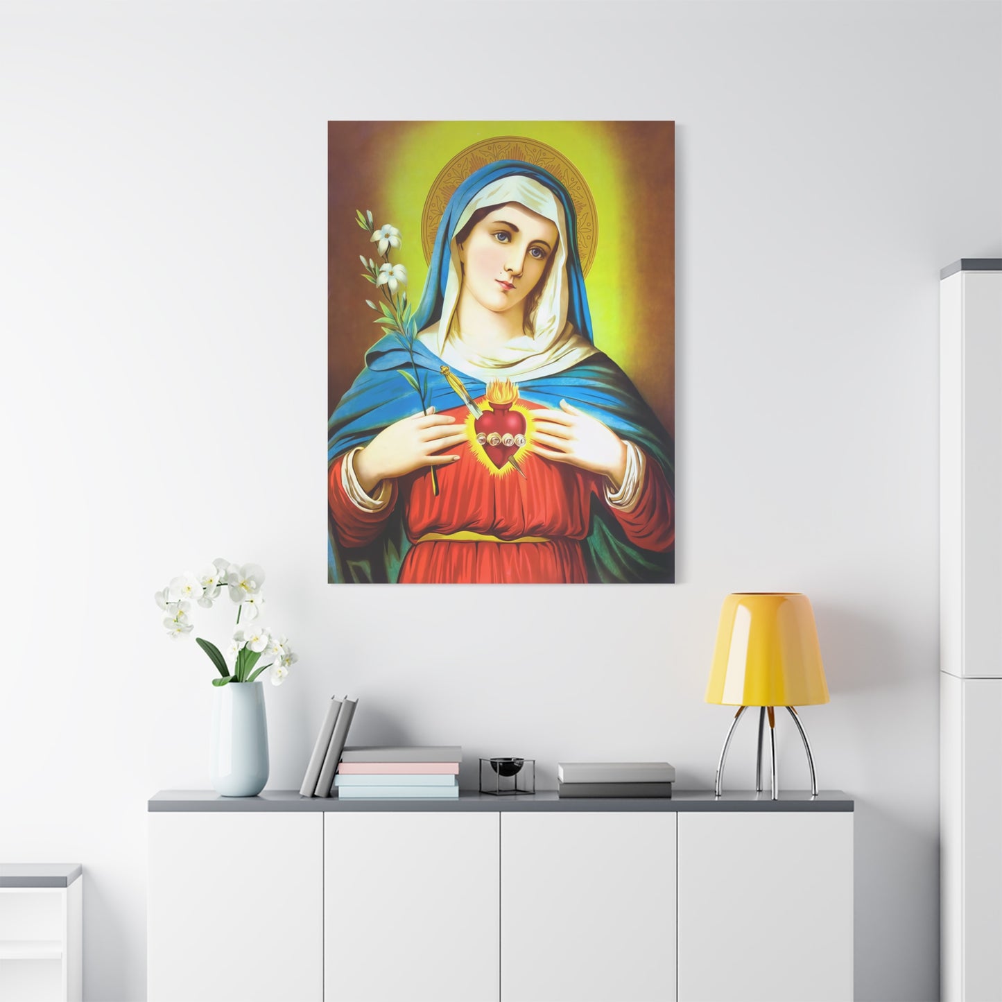Ready To Hang - Mother Mary Immaculate Heart and Lilies Catholic Canvas Wall Art, Christian Decor