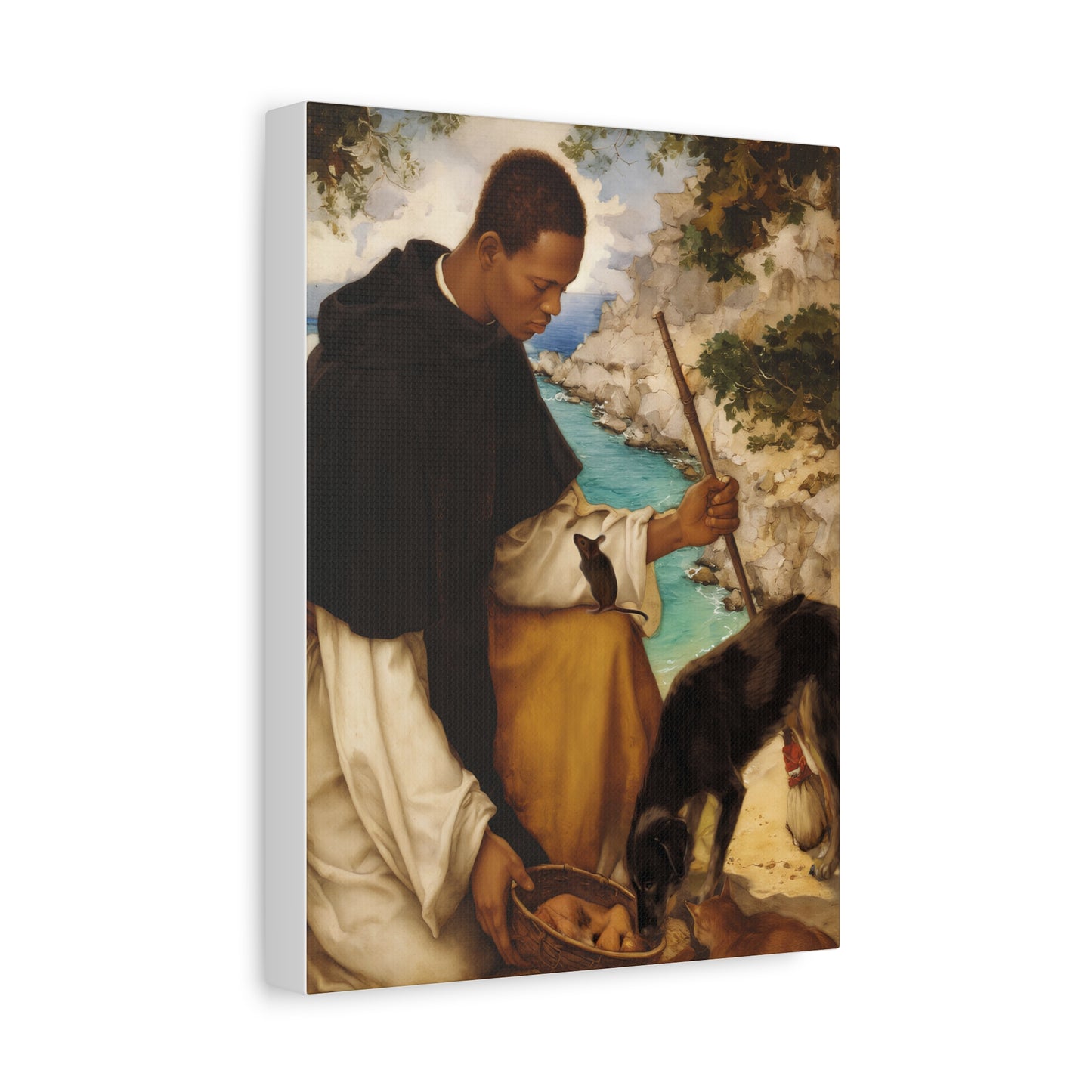 Ready To Hang - St. Martin de Porres with Mouse and Dog Catholic Canvas Wall Art - Christian Decor