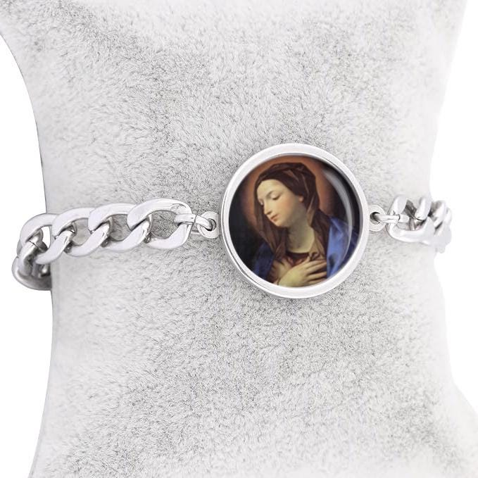 Our Lady Mary Blessed Curb Bracelet Gold or Silver tone Religious Jewelry Simple Chain