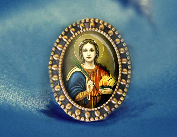 Saint Agatha Brooch Catholic Broach. Antique Gold Religious Pin