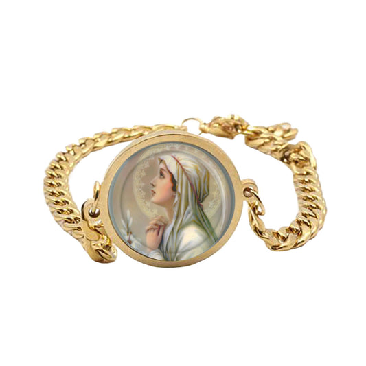 Our Lady Mental Peace Mary Curb Bracelet Gold or Silver tone Religious Jewelry Simple Chain