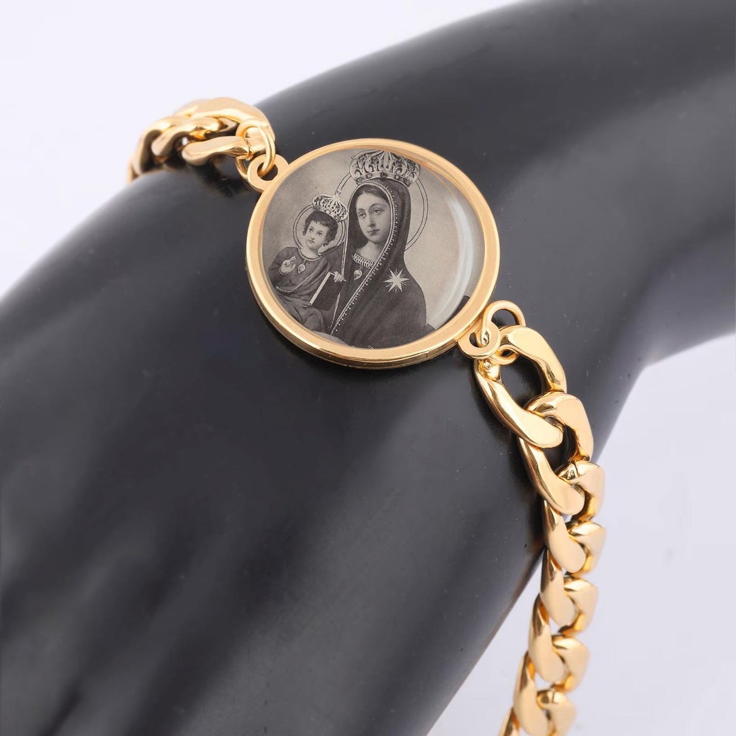 Our Lady Chestnut Tree Curb Bracelet Gold or Silver tone Religious Jewelry Simple Chain