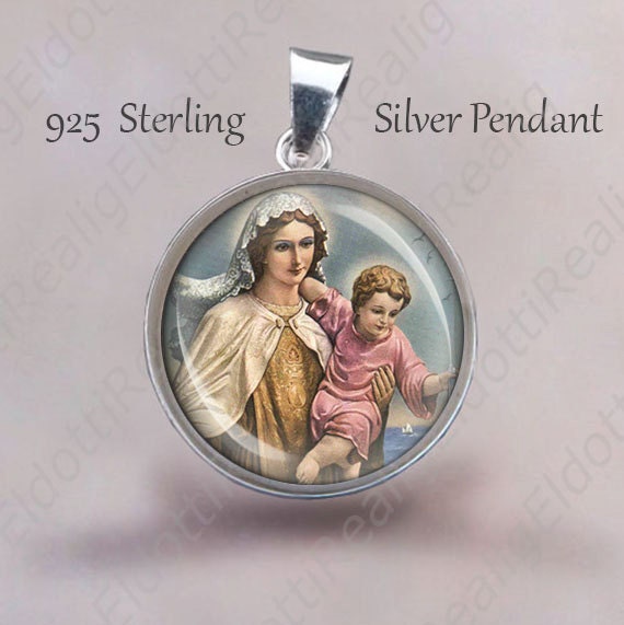 Our Lady of Mount Carmel Religious Christian Medal. Sterling Silver 925 Pendant 20mm. Blessed Virgin Mary Silver Medal For Necklace