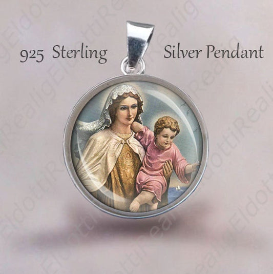 Our Lady of Mount Carmel Religious Christian Medal. Sterling Silver 925 Pendant 20mm. Blessed Virgin Mary Silver Medal For Necklace