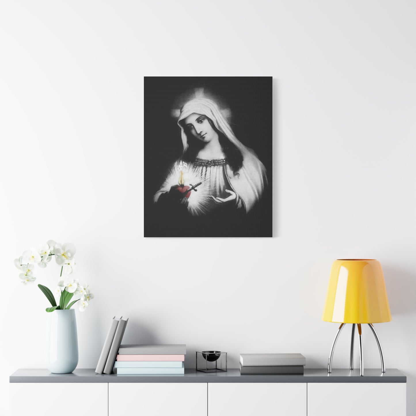 Ready To Hang - Mother Mary Immaculate Heart Catholic Sorrowful Mary Canvas Wall Art, Christian Decor Black and White