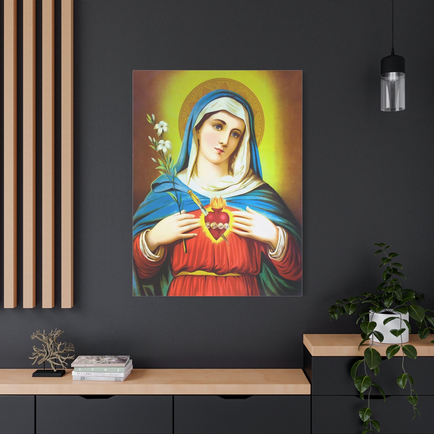 Ready To Hang - Mother Mary Immaculate Heart and Lilies Catholic Canvas Wall Art, Christian Decor