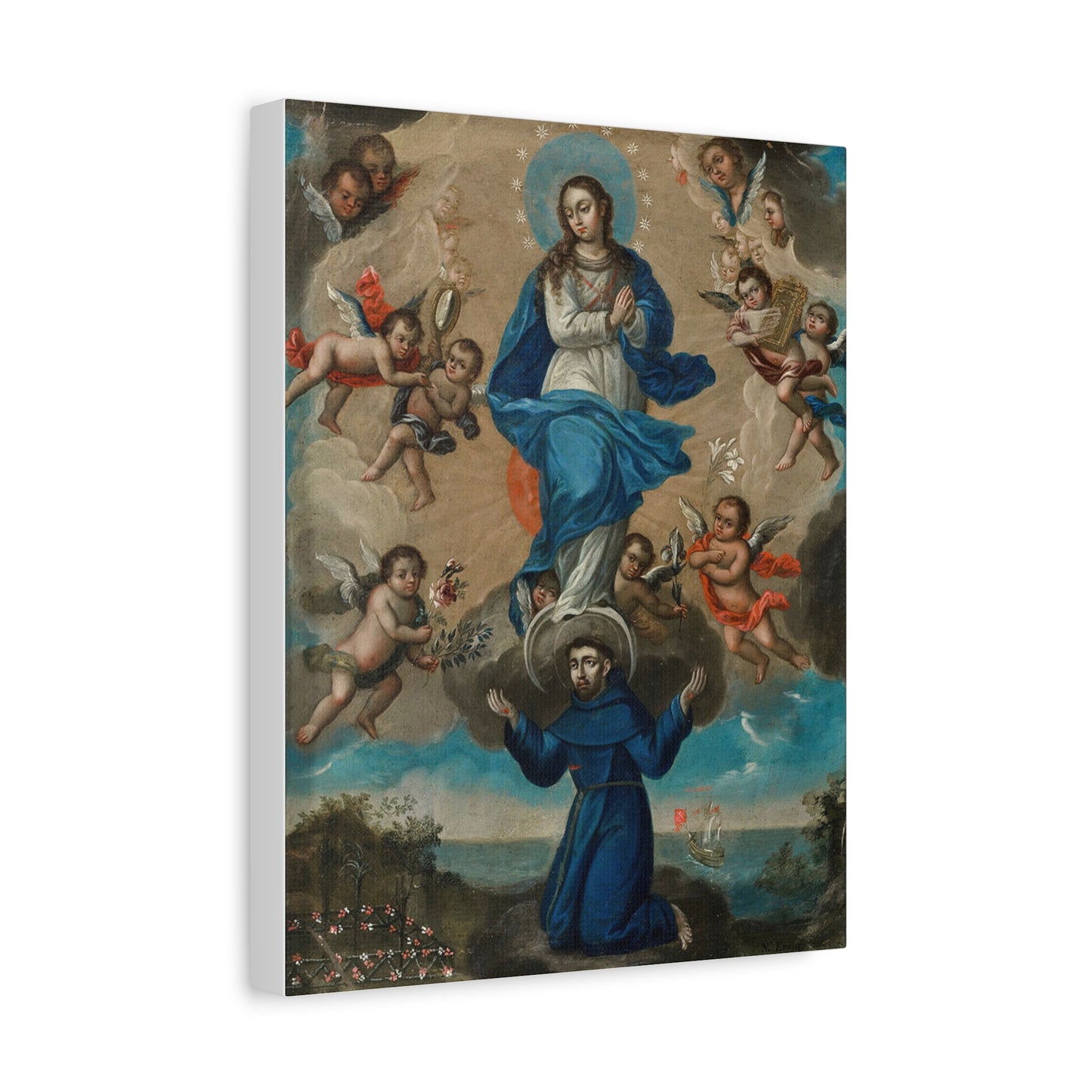 Immaculate Conception with Saint Francis and Angels Catholic HQ Print on Canvas Ready To Hang - Virgin Mary Canvas
