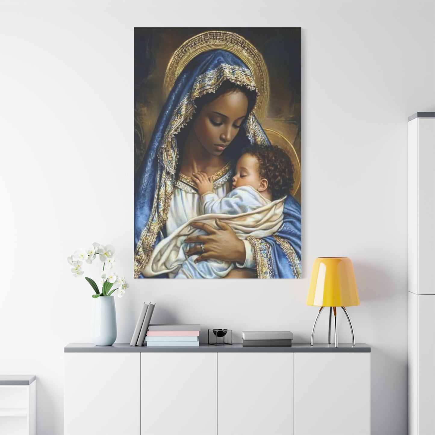 Black Mary African Mother with Baby Jesus Catholic Canvas Wall Art, Christian Decor