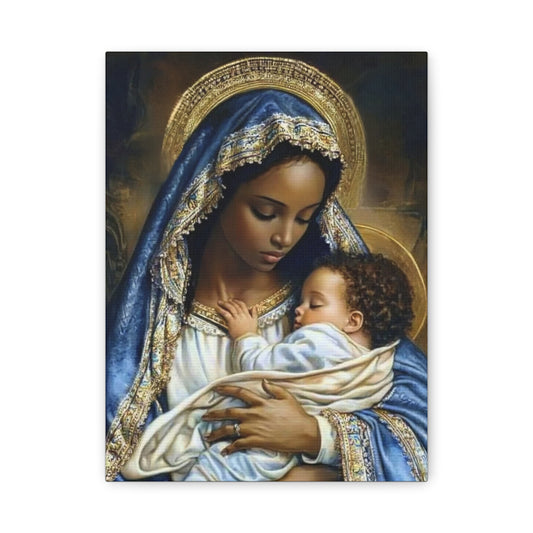 Black Mary African Mother with Baby Jesus Catholic Canvas Wall Art, Christian Decor