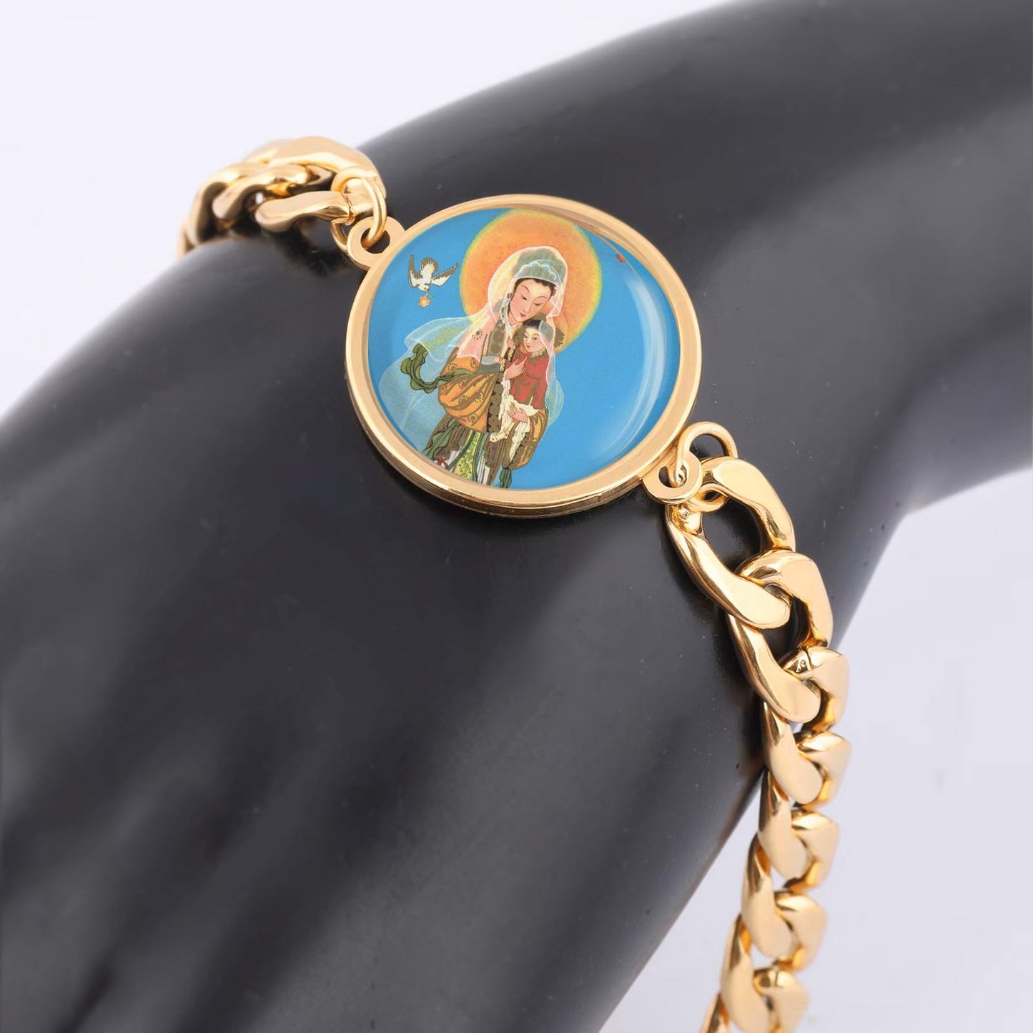 Our Lady China Curb Bracelet Gold or Silver tone Religious Jewelry Simple Chain