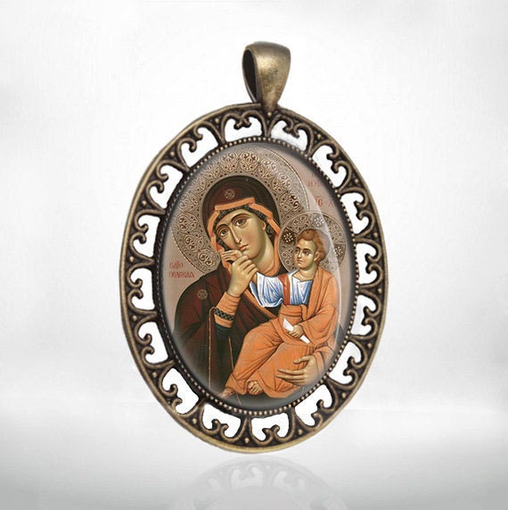 Vatopedi Comfort or Consolation Theotokos Orthodox Miraculous Icon Medal Bronze Pendant Oval