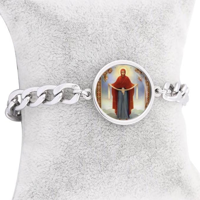 Our Lady Theotokos The Holy Protection Curb Bracelet Gold or Silver tone Religious Jewelry Simple Chain