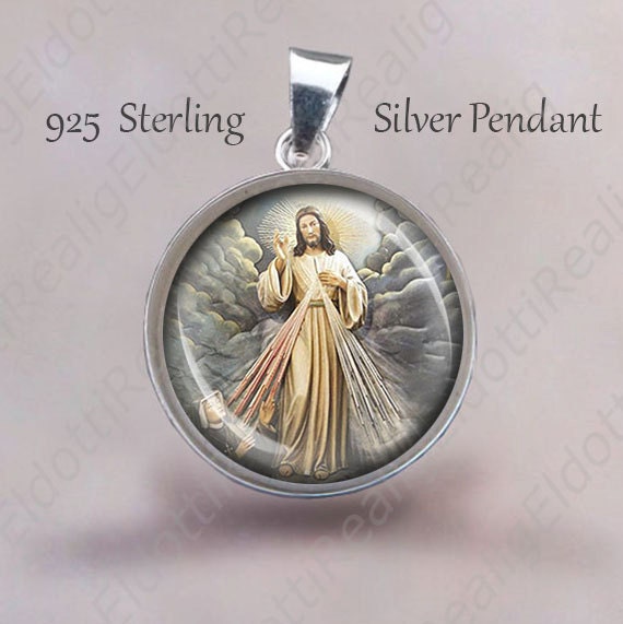 Divine Mercy Religious Christian Necklace. Jesus Christ Religious Pendant. Sterling Silver 925 Medal