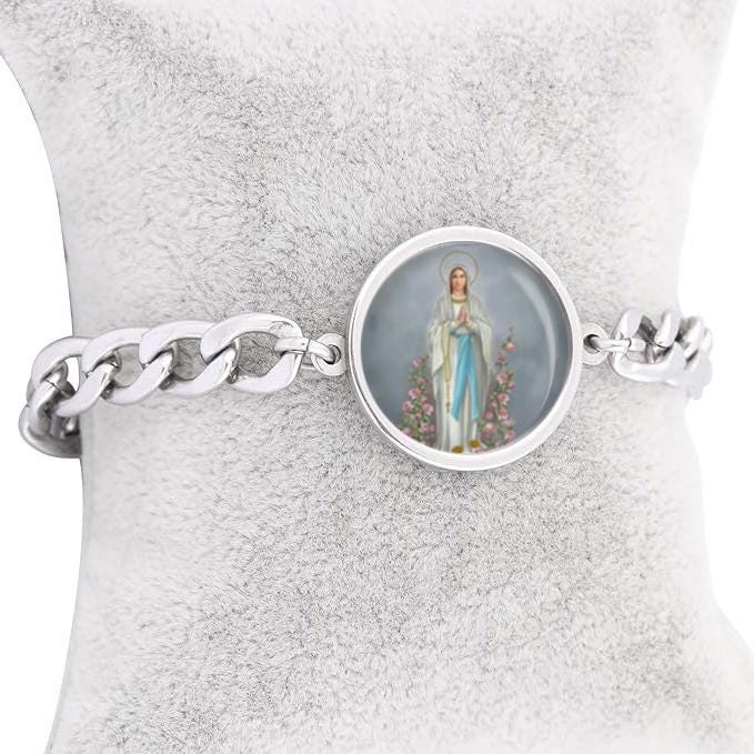 Our Lady Mary W Rosary Curb Bracelet Gold or Silver tone Religious Jewelry Simple Chain