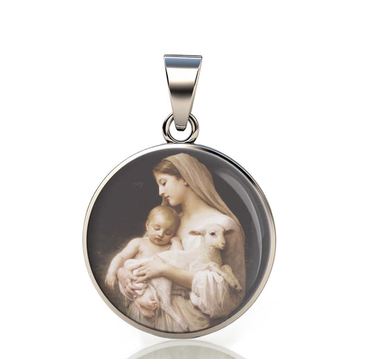 Our Lady Lamb Mary Baby 925 Sterling Silver Round Pendant Christian Religious Medal Small 20mm