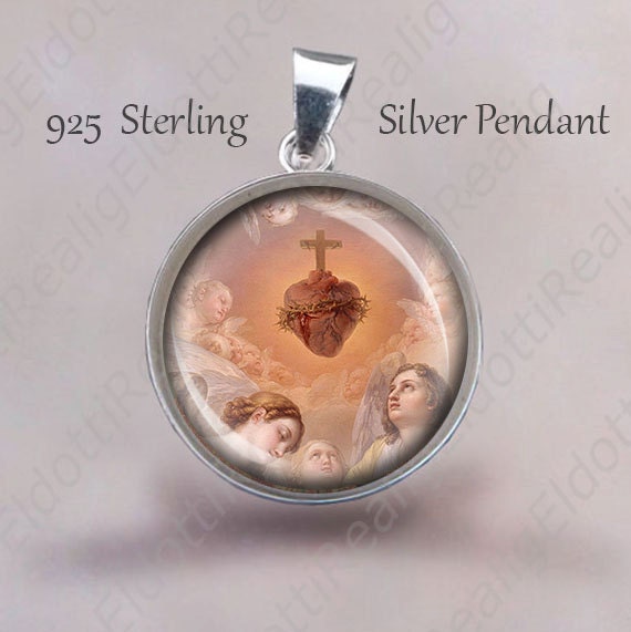 Jesus Sacred Heart and Cherubs Medal 925 Sterling Silver Medal Pendant Blood Crucifix