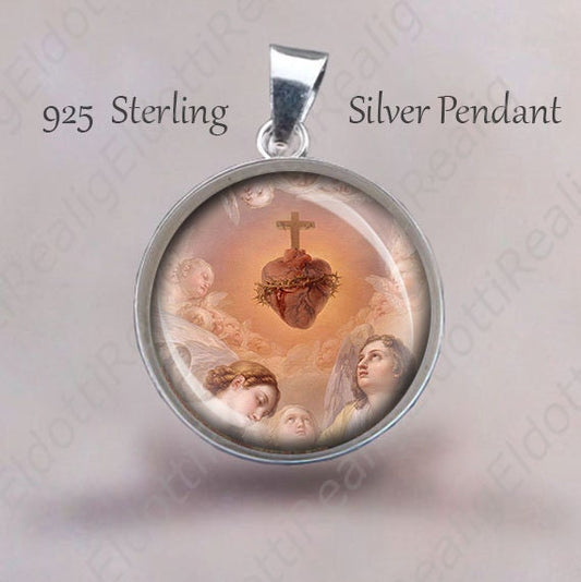 Jesus Sacred Heart and Cherubs Medal 925 Sterling Silver Medal Pendant Blood Crucifix