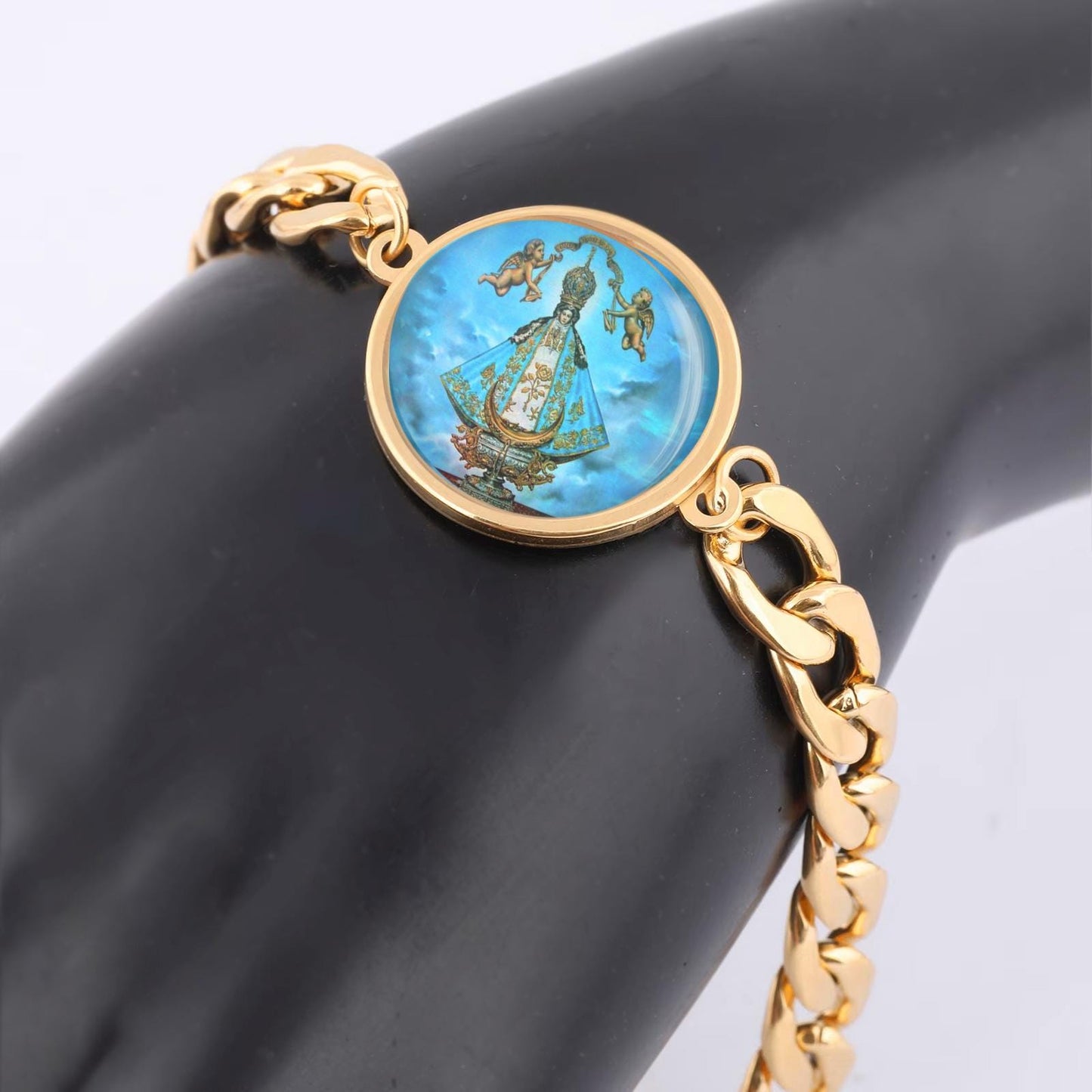 Our Lady San Juan De Los Lagos Curb Bracelet Gold or Silver tone Religious Jewelry Simple Chain