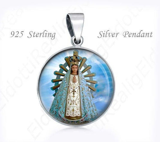 Our Lady of Lujan Sterling Silver Pendant. Religious Christian 925 Silver Virgin Mary Medal Round 20mm