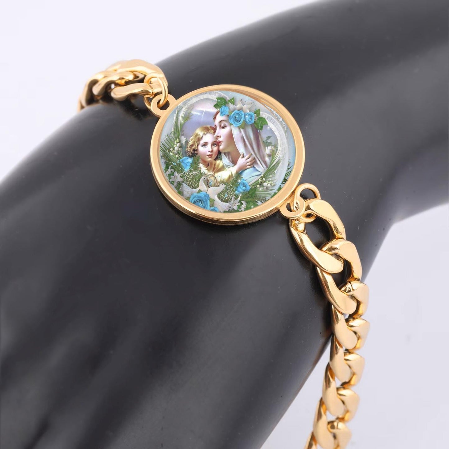 Our Lady Mother Mary And Baby Jesus With Blue Roses Curb Bracelet Gold or Silver tone Religious Jewelry Simple Chain