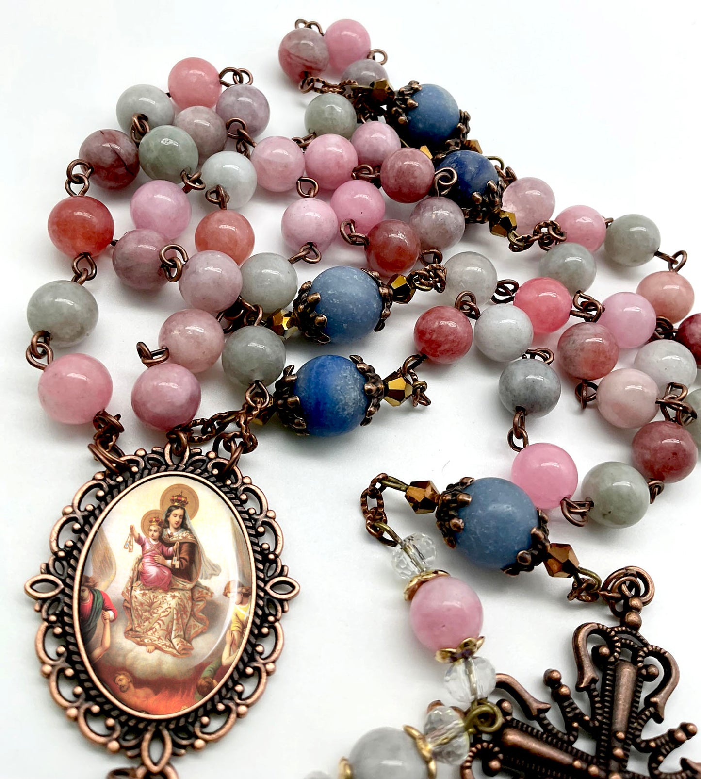 Our Lady of Mount Carmel Rosary Rainbow Jade and Matte Lapis Lazuli Beads
