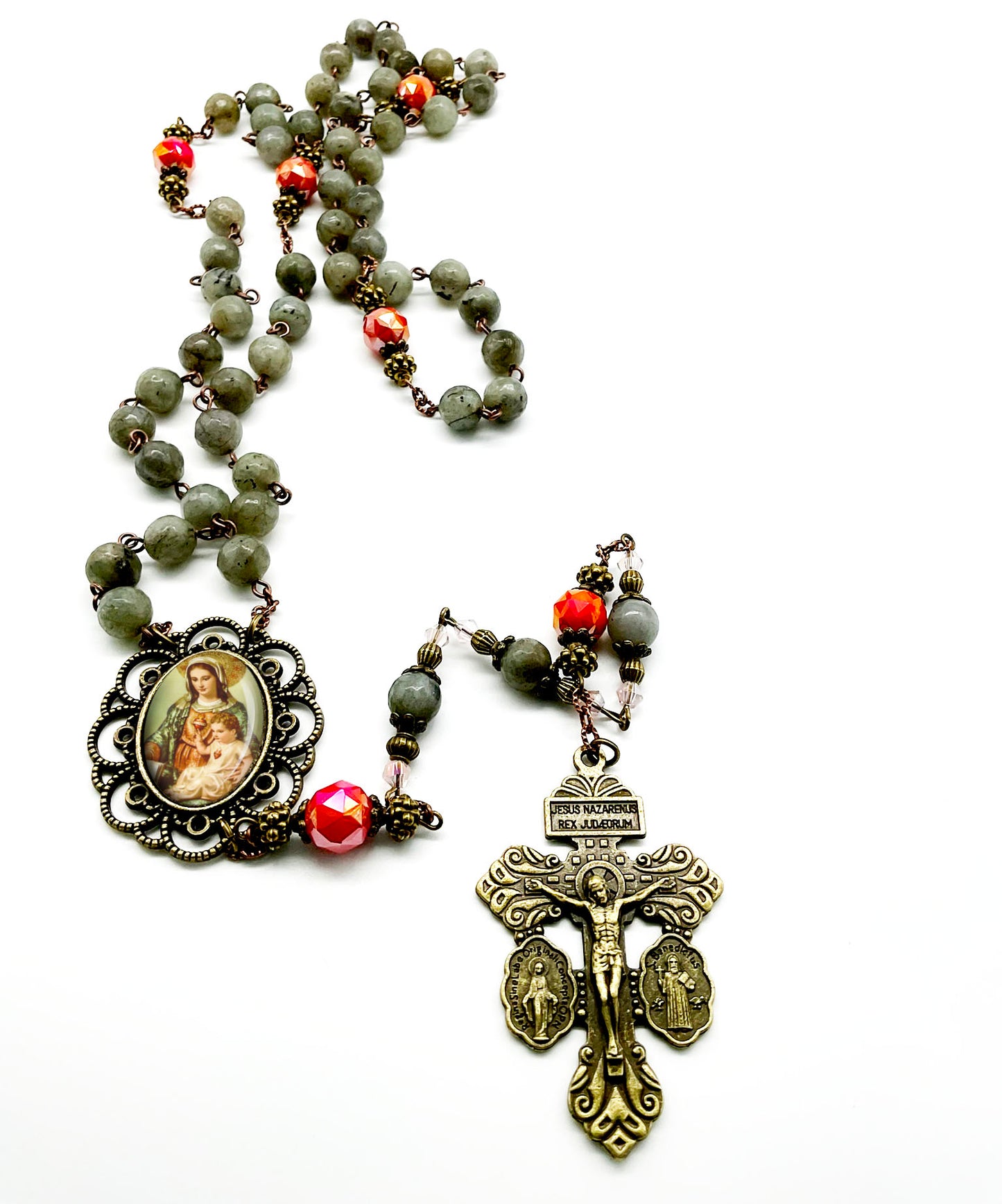 Immaculate Heart Mary and Baby Jesus Rosary Labradorite Beads Bronze Pardon Crucifix