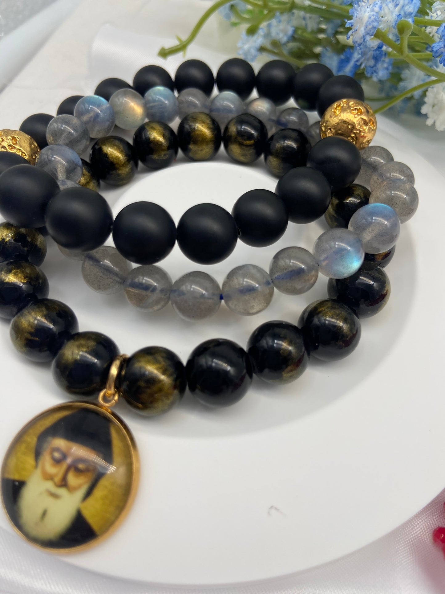 St Charbel Catholic Set of 3 Stretch Bracelets | Labradorite, Black Onyx, Gold Lava Stones Saint Charbel Charm