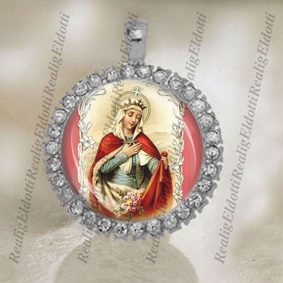 St. Elizabeth of Hungary Catholic Religious Silver Tone Medal Pendant / Charm Cabochon