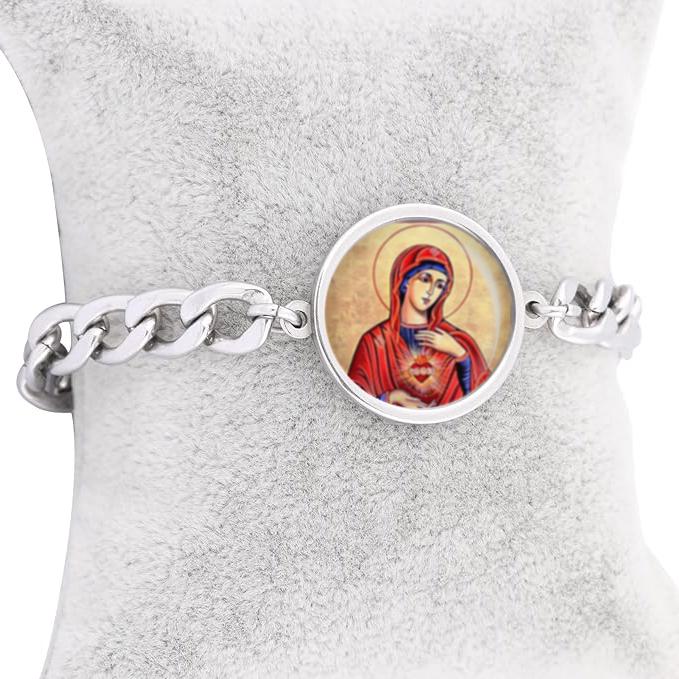 Mary Immaculate Heart Curb Bracelet Gold or Silver tone Religious Jewelry Simple Chain