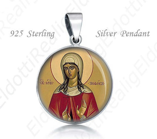 St Antusa Constantinopla Sterling Silver Pendant. Religious Christian 925 Silver Medal Round 20mm Patron Saint